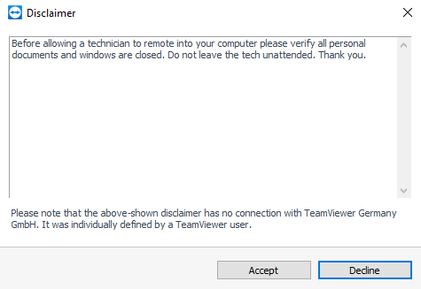 TeamViewer disclaimer shown in Allied’s support instructions